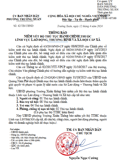 NIÊM YẾT BỘ THỦ TỤC HÀNH CHÍNH THUỘC LĨNH VỰC LAO ĐỘNG, THƯƠNG BINH VÀ XÃ HỘI CẤP XÃ