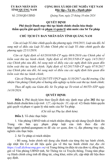 Danh mục TTHC chuẩn hóa thuộc thẩm quyền giải quyết và phạm vi quản lý nhà nước của Sở Tư pháp